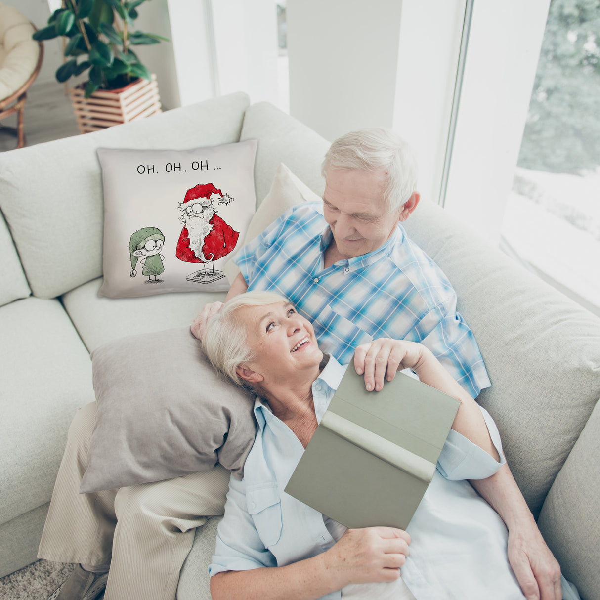 Weihnachtsmann und Elf Kissen mit Spruch OH OH OH