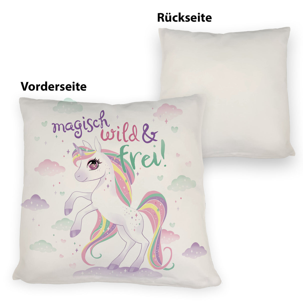 Einhorn Kissen mit Spruch Magisch wild und frei