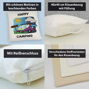 Hippie Wohnmobil Kissen mit Spruch Happy Camping