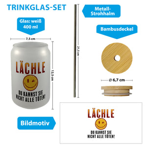 Emoticon Trinkglas mit Bambusdeckel mit Spruch Lächle du kannst sie nicht alle töten