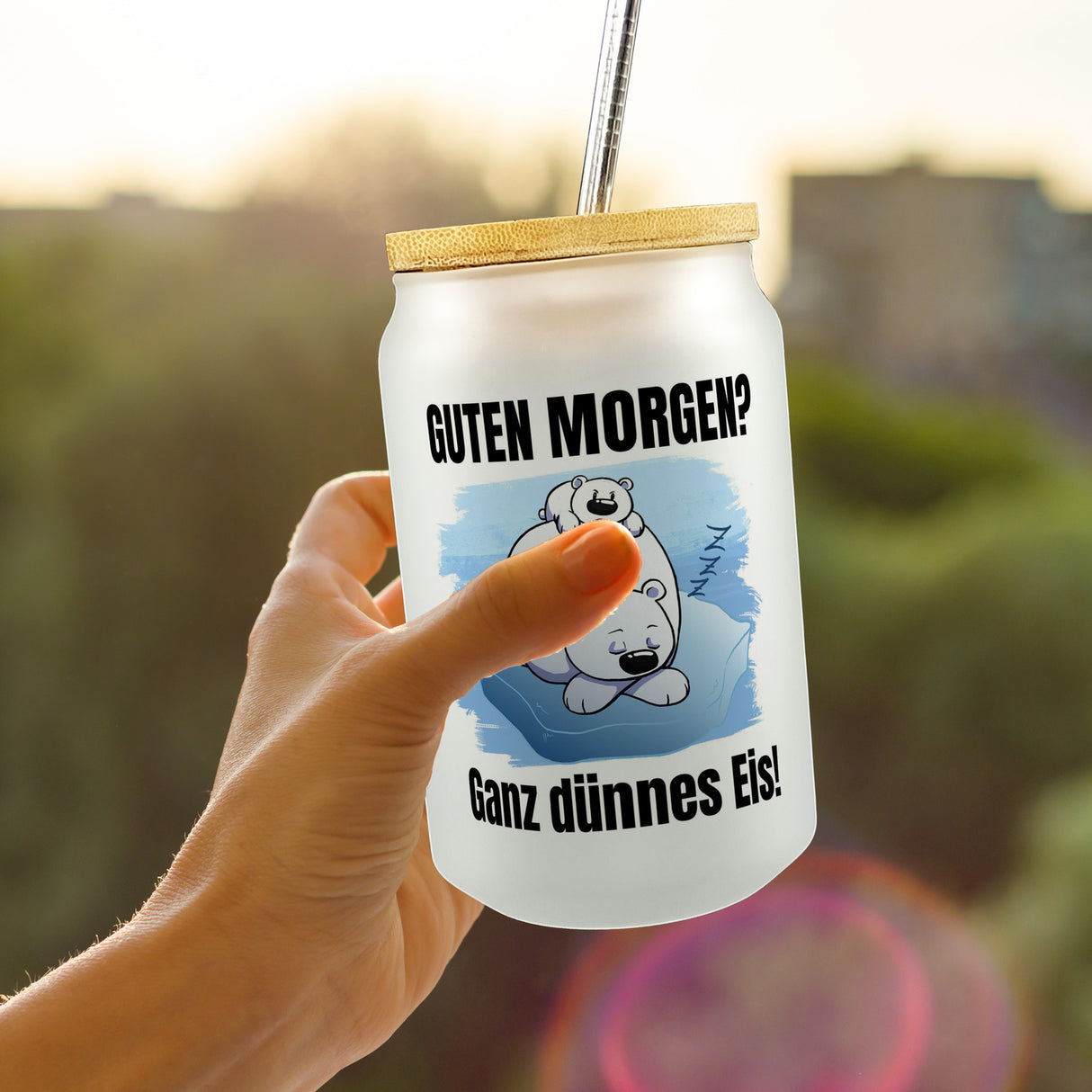 Eisbär Trinkglas mit Bambusdeckel mit Spruch Guten Morgen? Ganz dünnes Eis