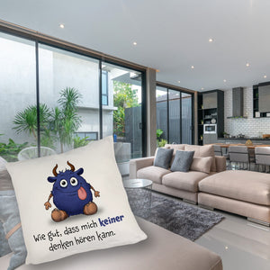 Freches Monster in dunkelblau Kissen mit lustigem Spruch