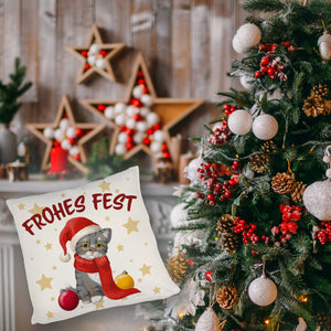 Katze mit Mütze Kissen mit Spruch Frohes Fest