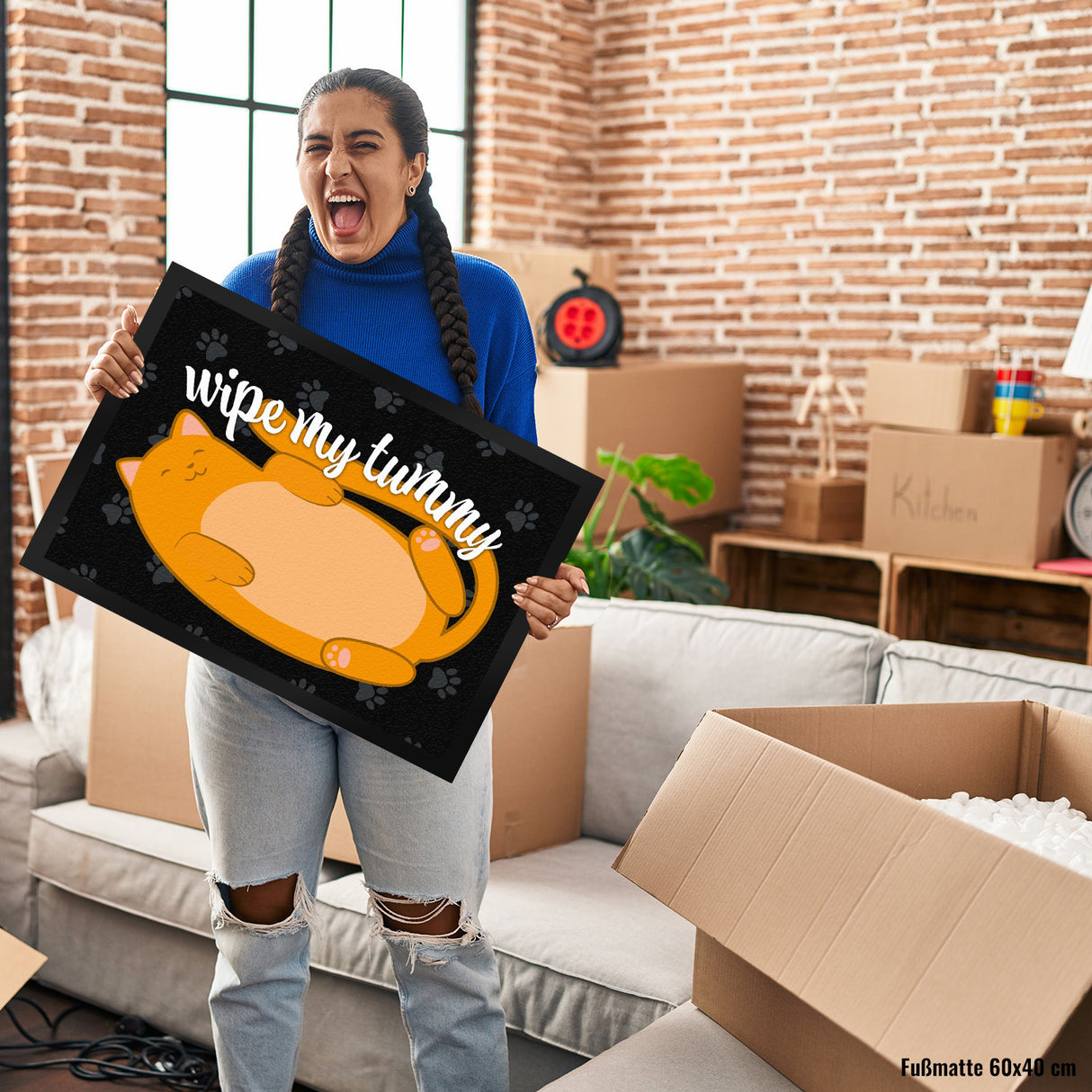 Wipe my tummy Katze Fußmatte in 35x50 cm und Spruch