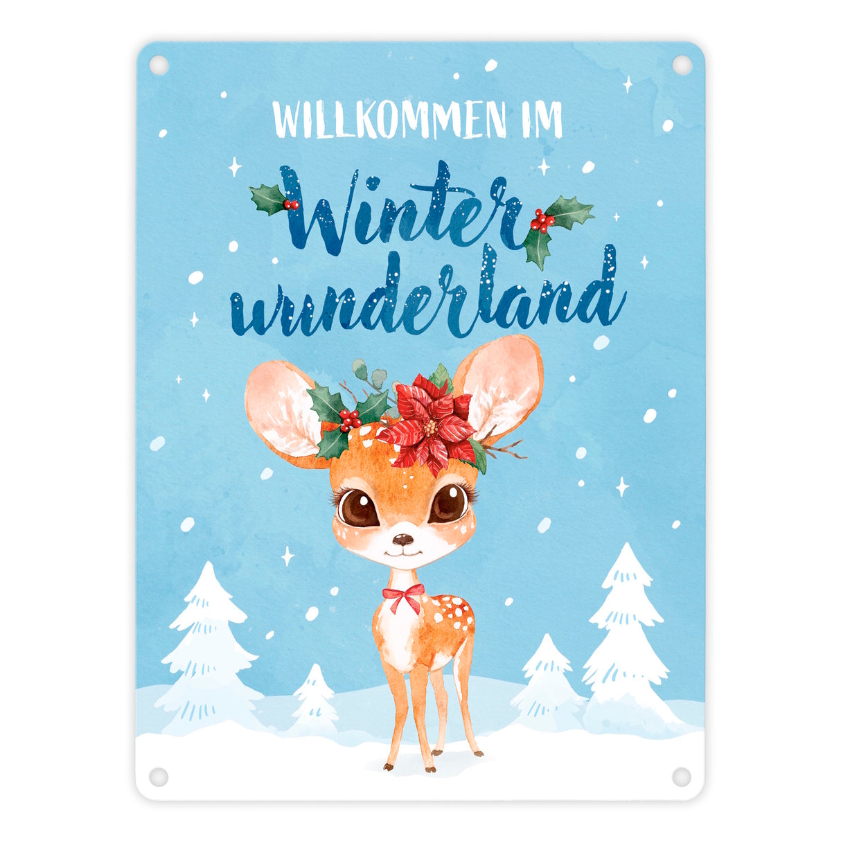 Rehkitz Metallschild in 15x20 cm mit Spruch Willkommen im Winterwunderland