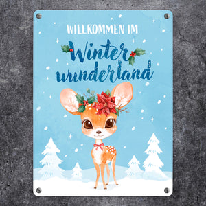 Rehkitz Metallschild in 15x20 cm mit Spruch Willkommen im Winterwunderland