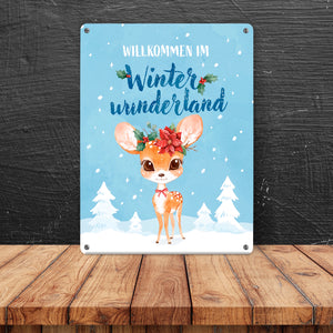 Rehkitz Metallschild in 15x20 cm mit Spruch Willkommen im Winterwunderland