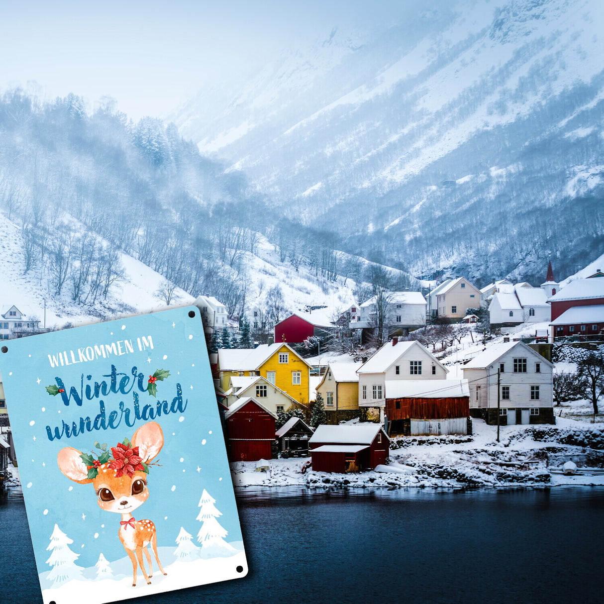 Rehkitz Metallschild in 15x20 cm mit Spruch Willkommen im Winterwunderland