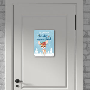Rehkitz Metallschild in 15x20 cm mit Spruch Willkommen im Winterwunderland