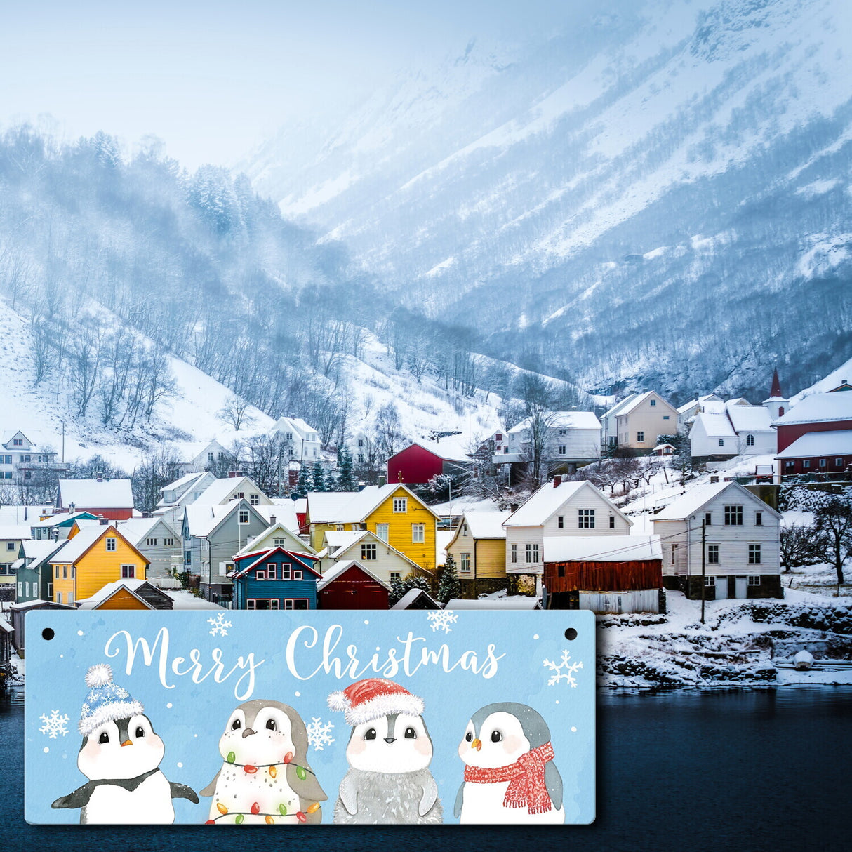 Baby Pinguin Metallschild mit Spruch Merry Christmas