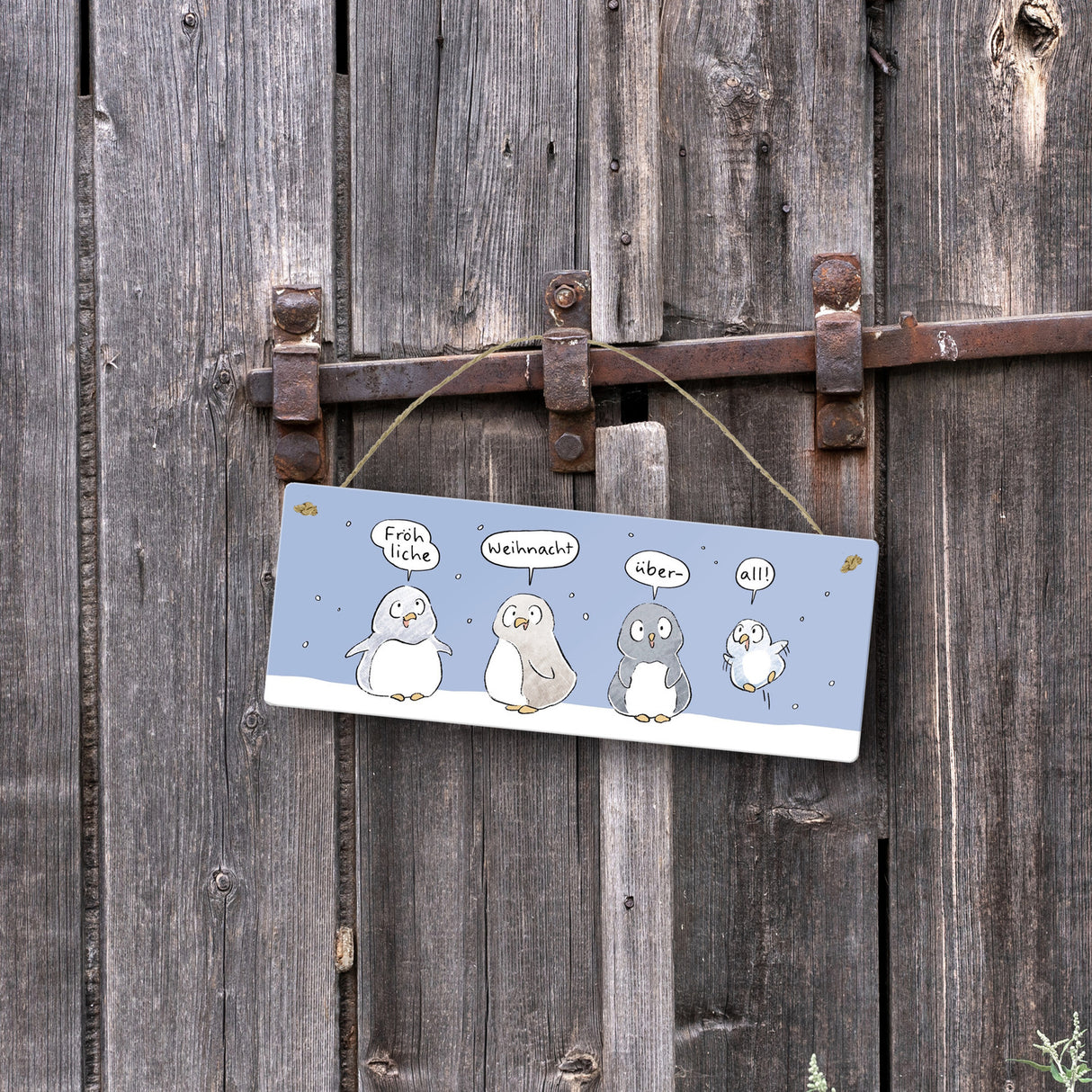 Pinguin Familie Metallschild mit Spruch Fröhliche Weihnacht überall