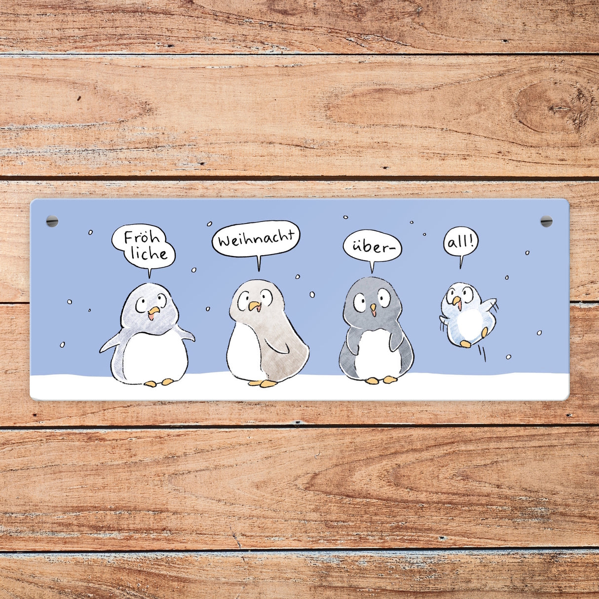 Pinguin Familie Metallschild mit Spruch Fröhliche Weihnacht überall