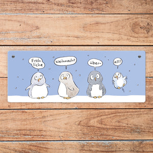 Pinguin Familie Metallschild mit Spruch Fröhliche Weihnacht überall