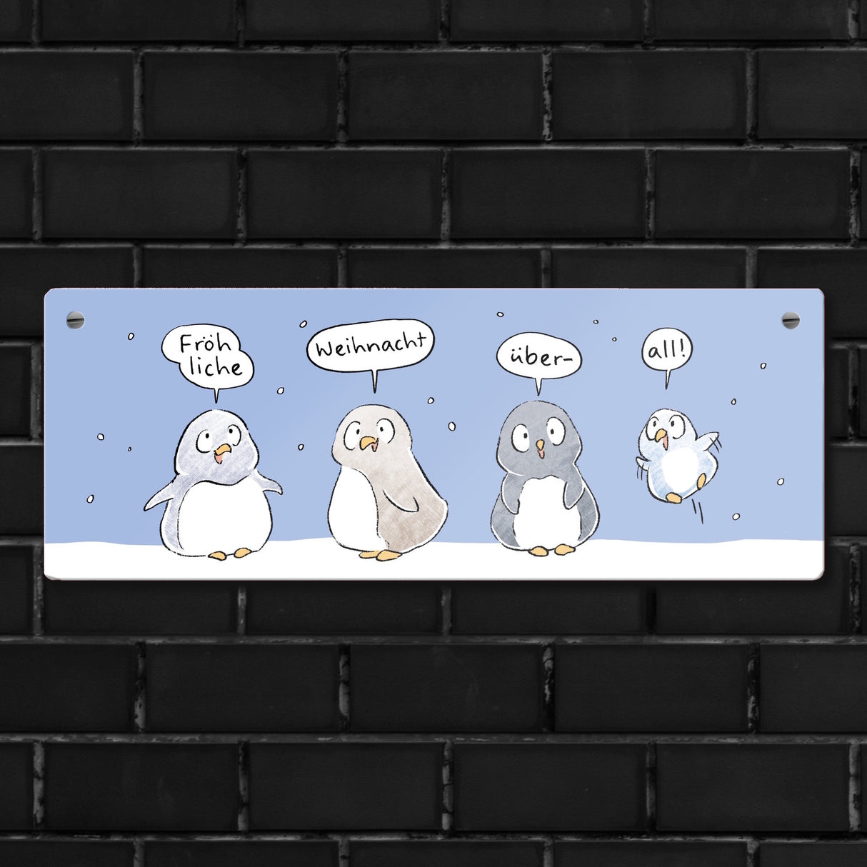 Pinguin Familie Metallschild mit Spruch Fröhliche Weihnacht überall