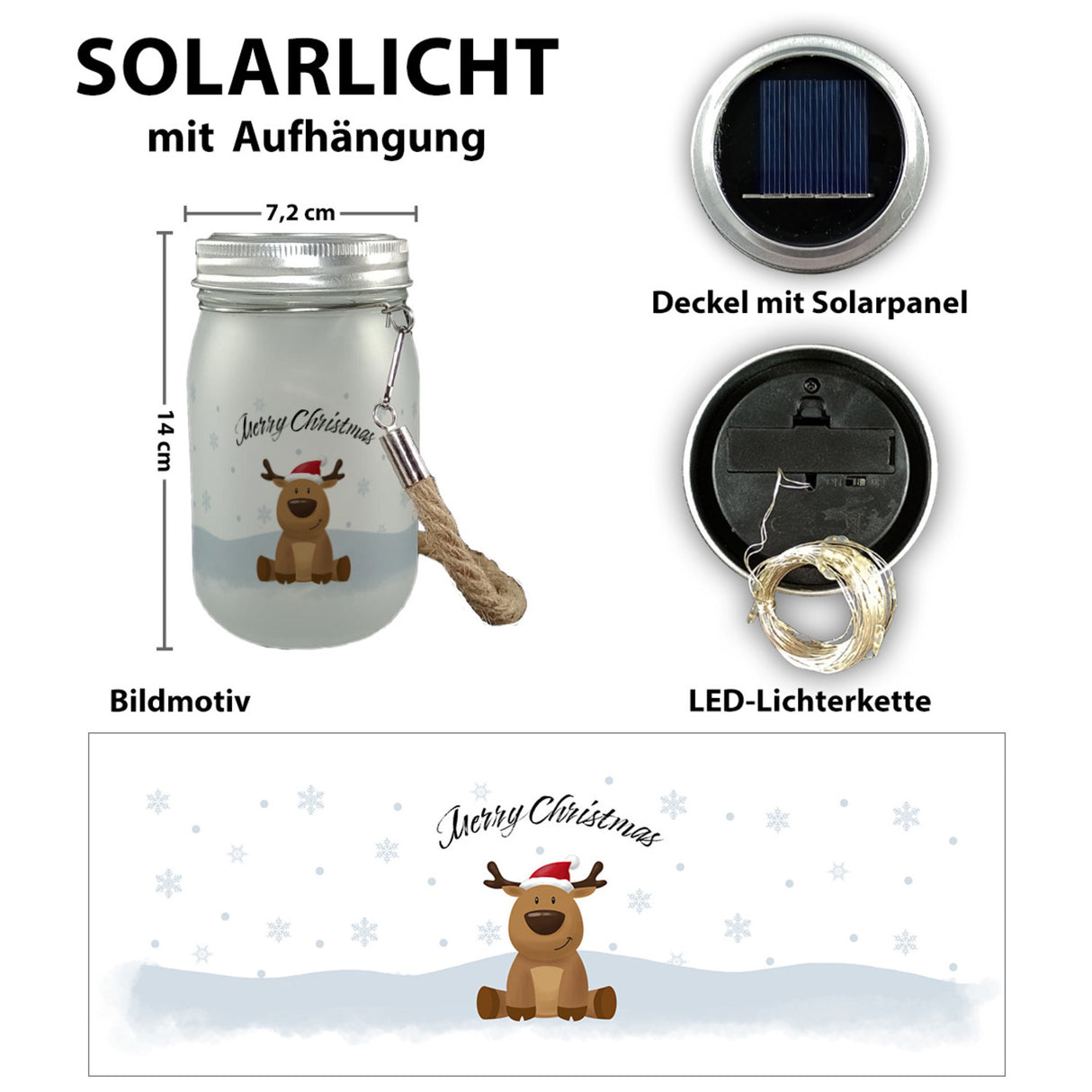 Rentier im Schnee Solarlicht mit Spruch Merry Christmas