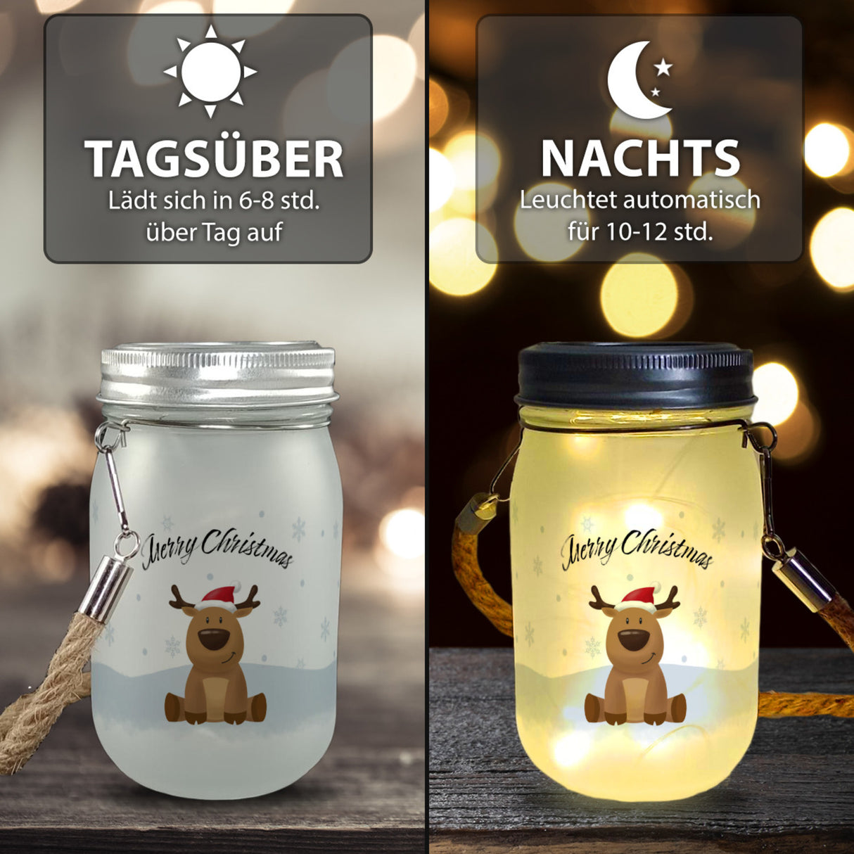 Rentier im Schnee Solarlicht mit Spruch Merry Christmas