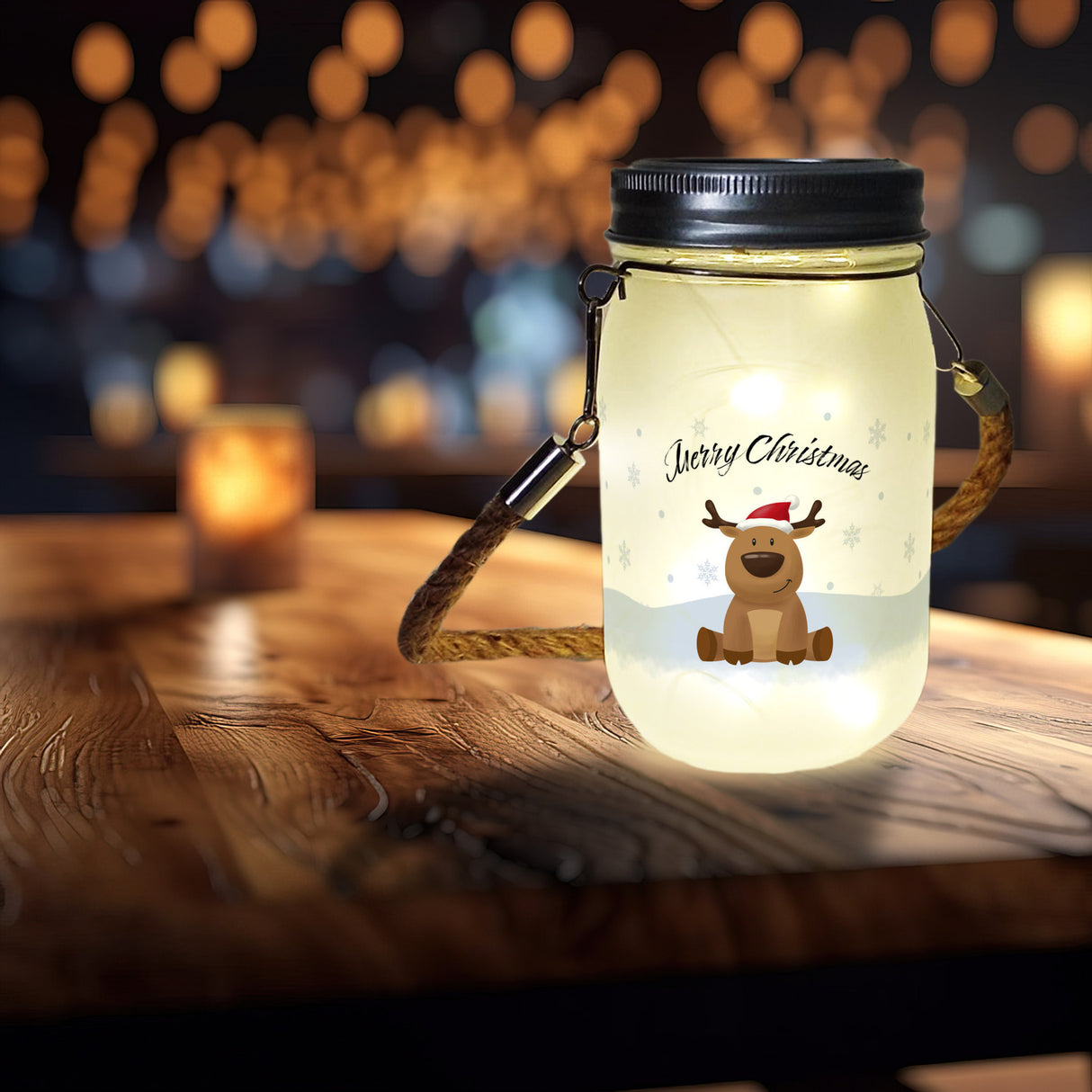 Rentier im Schnee Solarlicht mit Spruch Merry Christmas