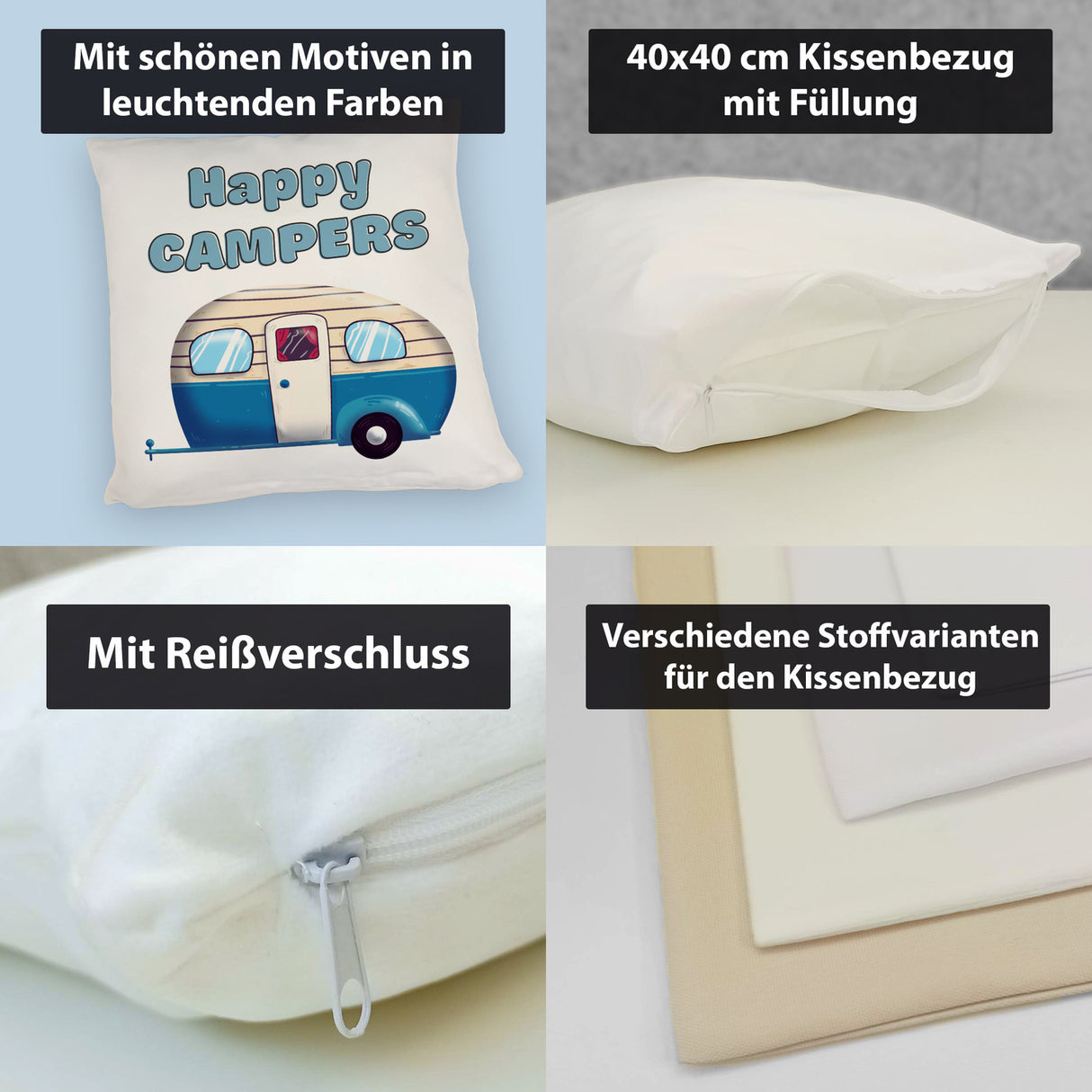 Wohnwagen Kissen mit Spruch Happy Campers