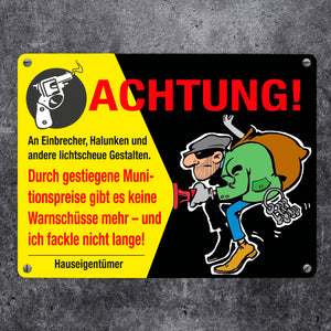 Einbrecher Metallschild in 15x20 cm mit Spruch Achtung An Einbrecher und Halunken