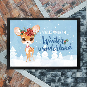 Rehkitz Fußmatte in 35x50 cm mit Spruch Willkommen im Winterwunderland
