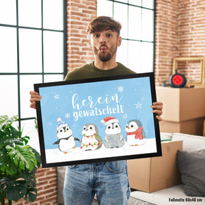 Pinguin Familie Fußmatte in 35x50 cm mit Spruch Hereingewatschelt