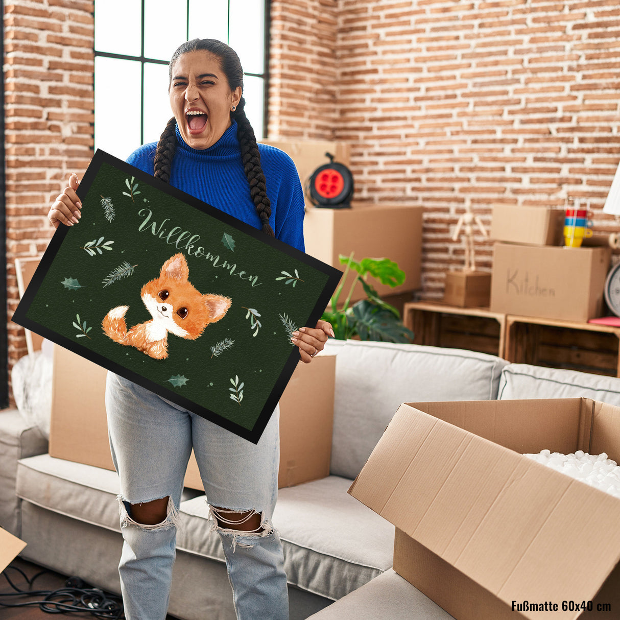 Baby Fuchs Fußmatte in 35x50 cm mit Spruch Willkommen