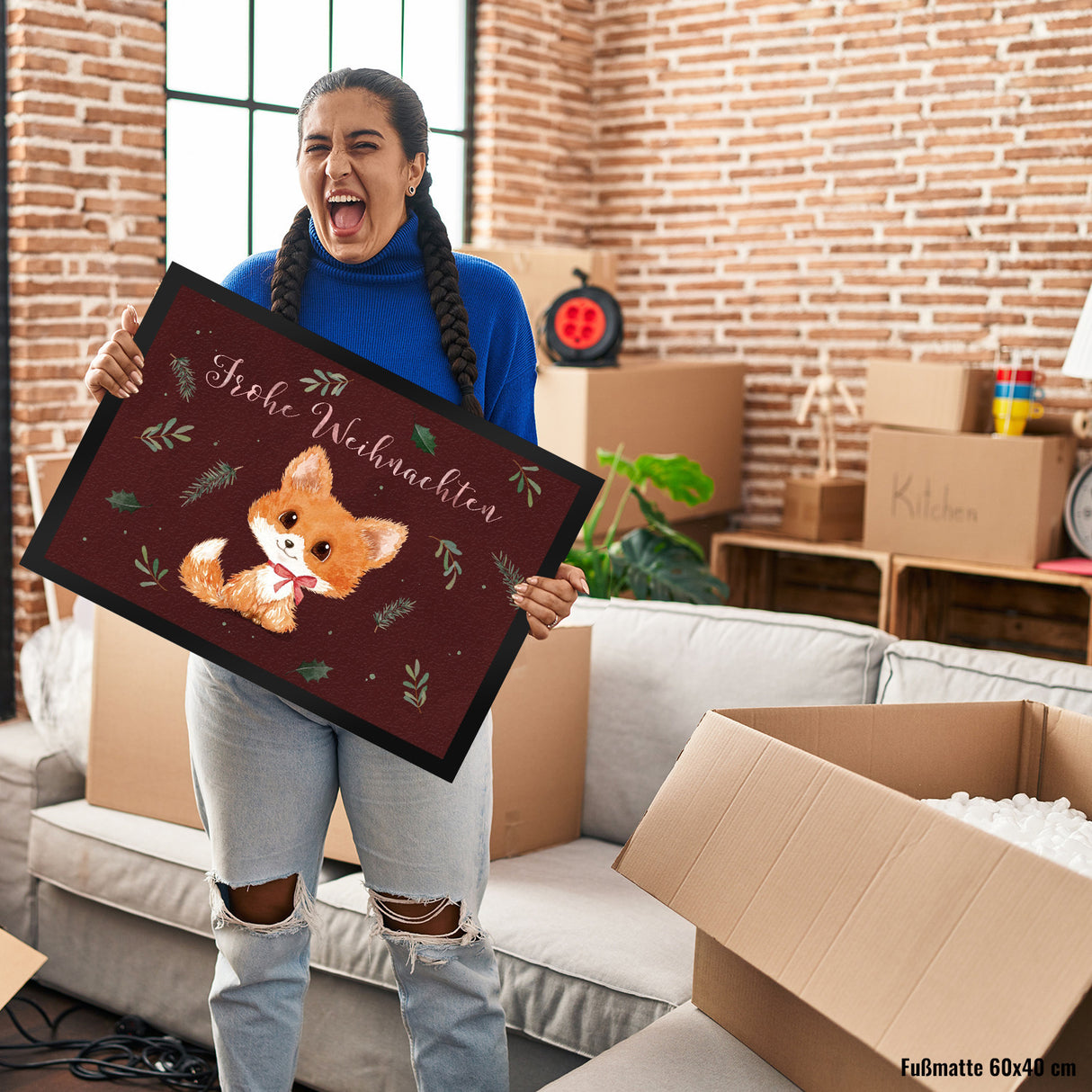 Baby Fuchs Fußmatte in 35x50 cm mit Spruch Frohe Weihnachten