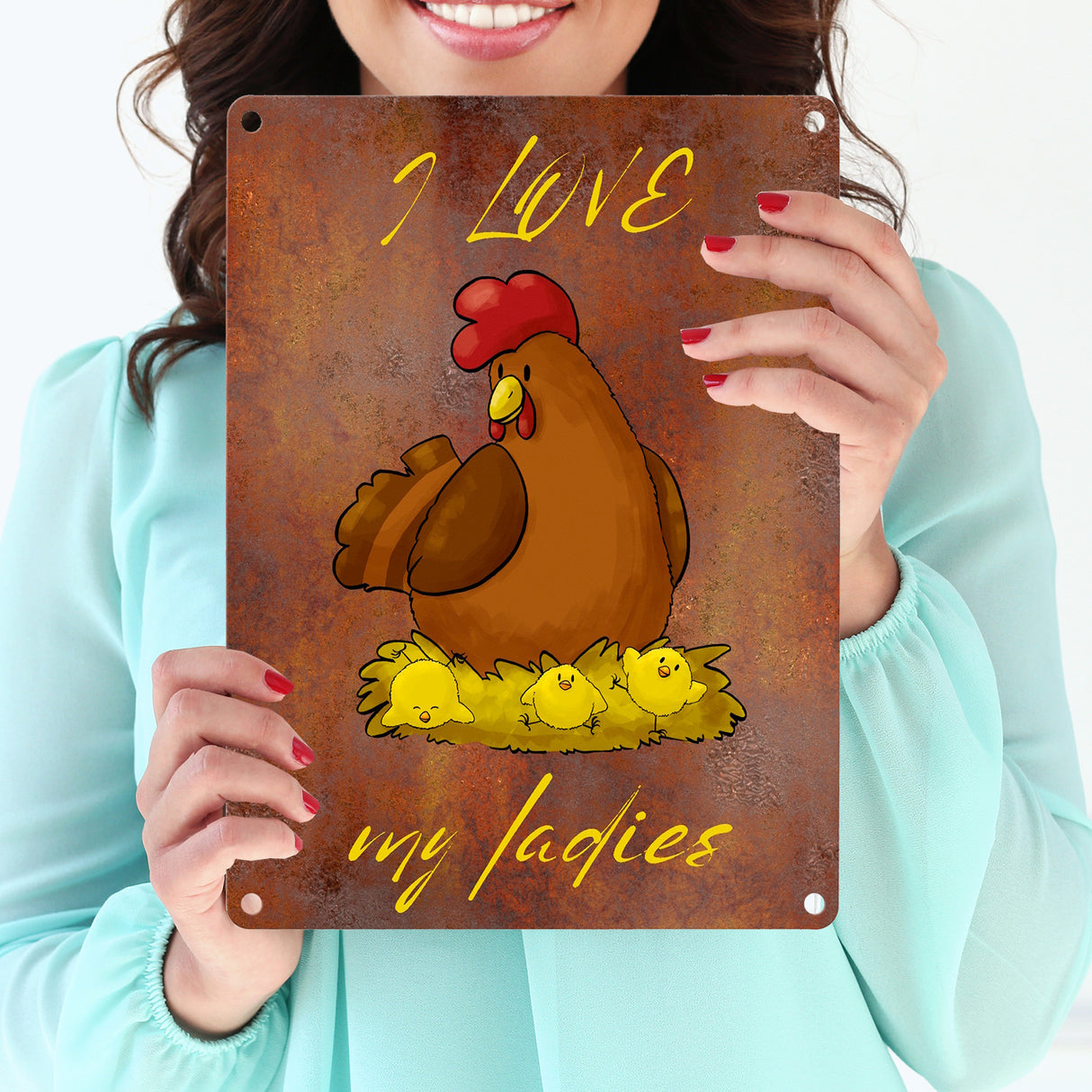 I love my ladies Huhn Metallschild in 15x20 cm mit Spruch