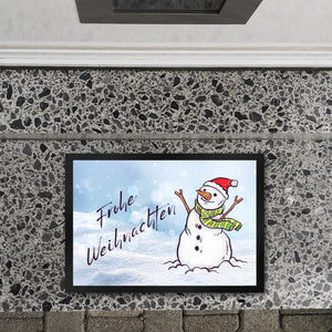 Schneemann mit Mütze Fußmatte in 35x50 cm mit Spruch Frohe Weihnachten