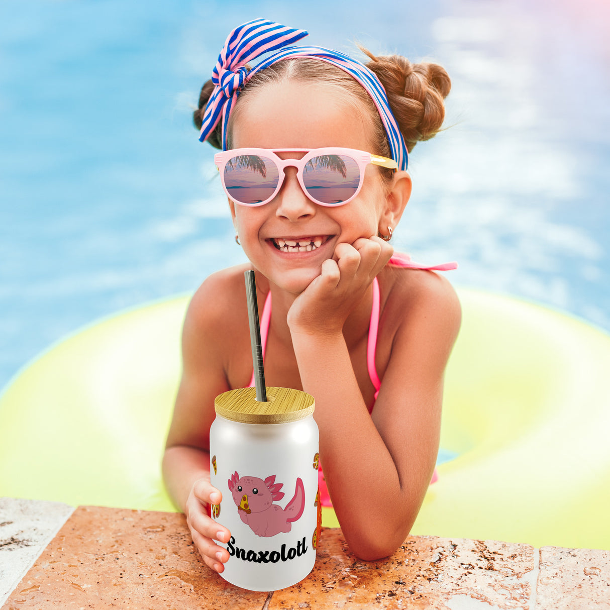 Axolotl Trinkglas mit Bambusdeckel mit Spruch Snaxolotl