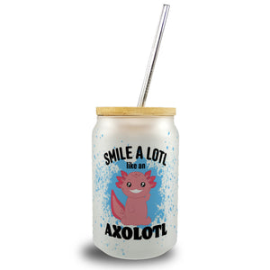Axolotl Trinkglas mit Bambusdeckel mit Spruch Smile a lotl like an Axolotl