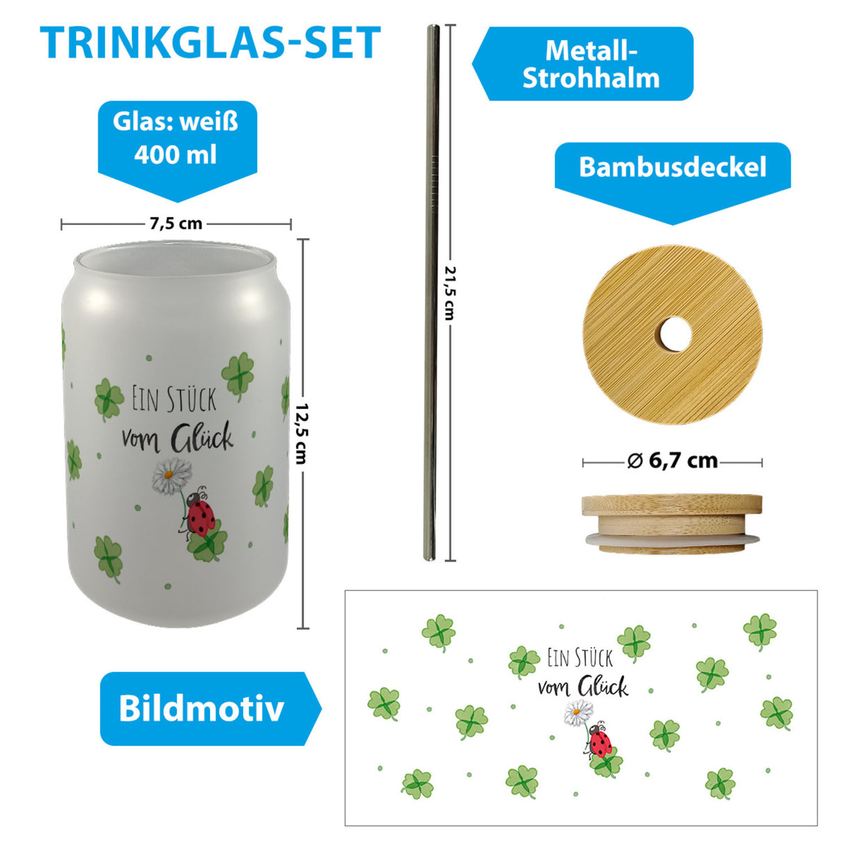 Marienkäfer Trinkglas mit Bambusdeckel mit Spruch Ein Stück vom Glück