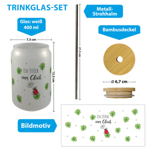 Marienkäfer Trinkglas mit Bambusdeckel mit Spruch Ein Stück vom Glück