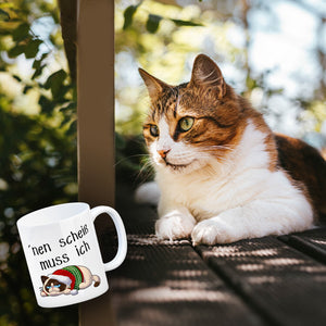 Genervter Kater Kaffeebecher mit Spruch nen scheiß muss ich