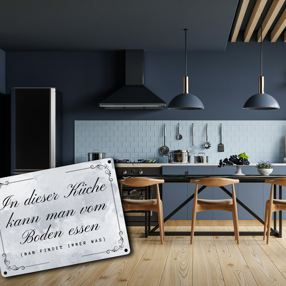 Küchen Metallschild in 15x20 cm mit Spruch In dieser Küche kann man vom Boden essen