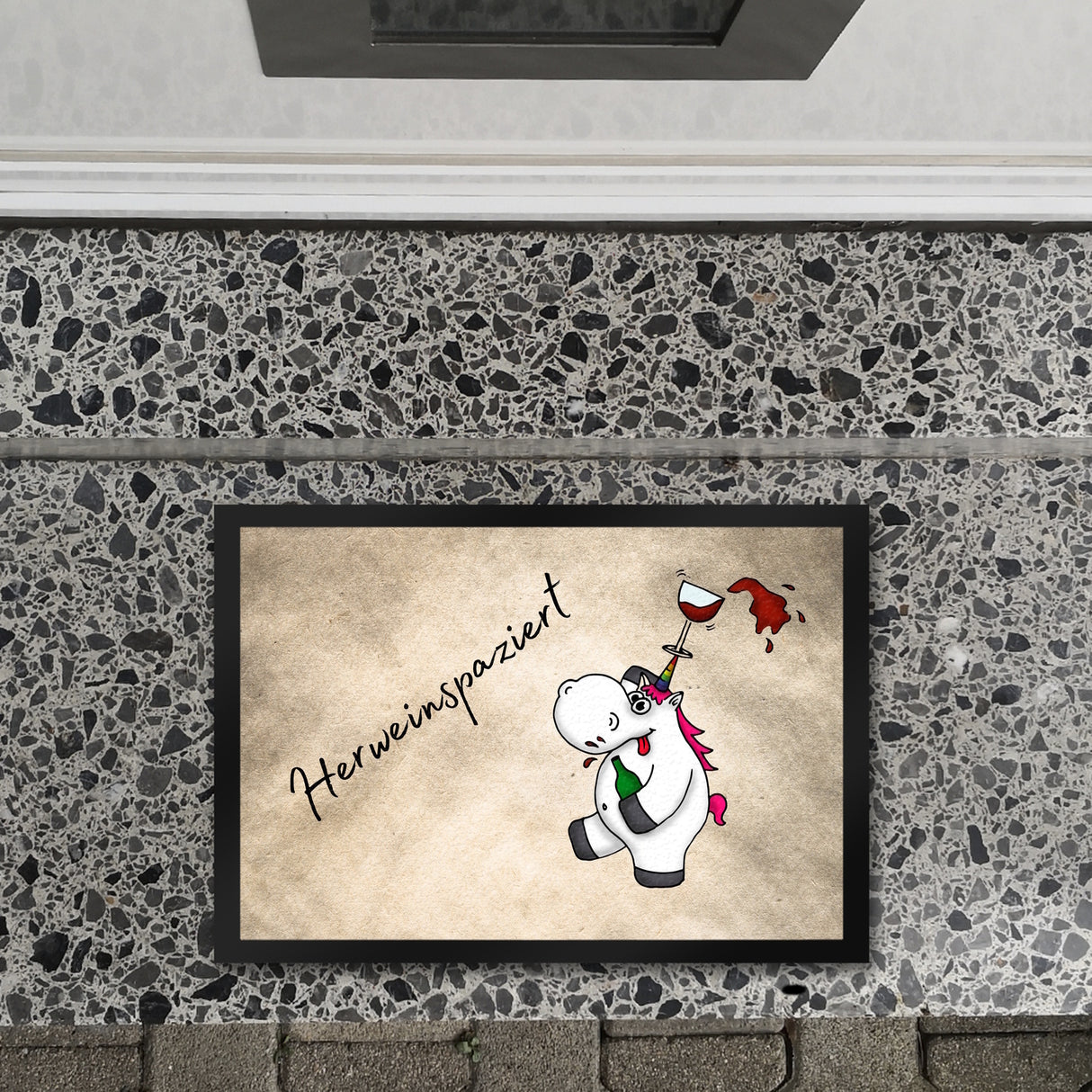 Einhorn Wein Fußmatte in 35x50 cm mit Spruch Herweinspaziert