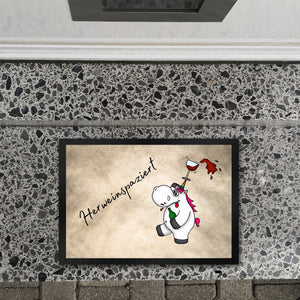 Einhorn Wein Fußmatte in 35x50 cm mit Spruch Herweinspaziert