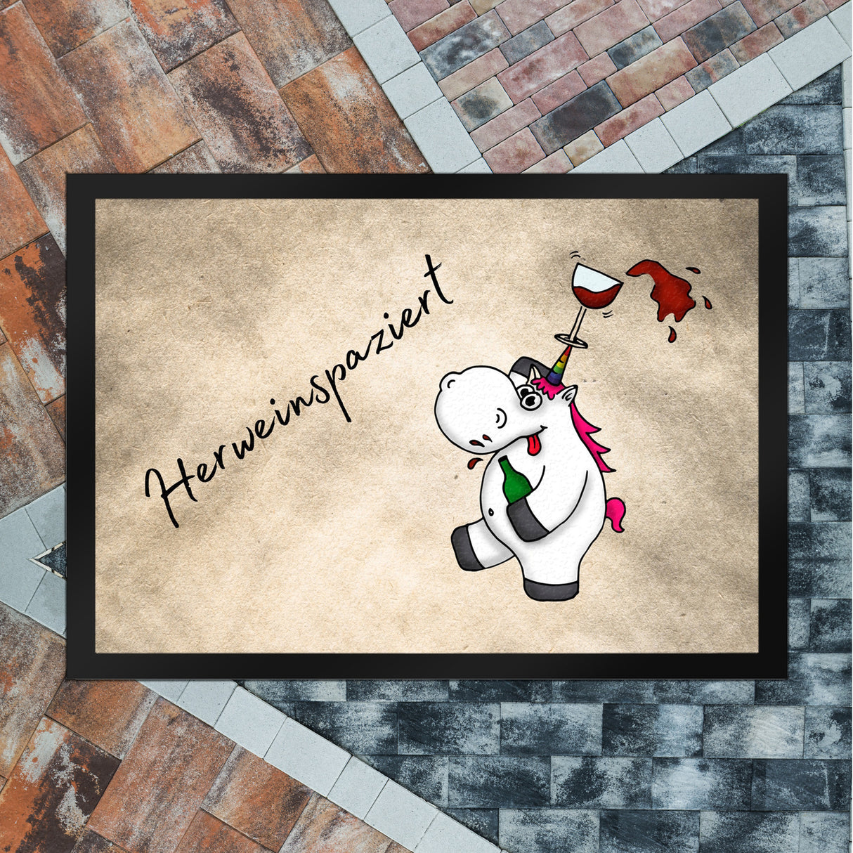 Einhorn Wein Fußmatte in 35x50 cm mit Spruch Herweinspaziert