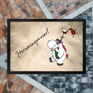 Einhorn Wein Fußmatte in 35x50 cm mit Spruch Herweinspaziert