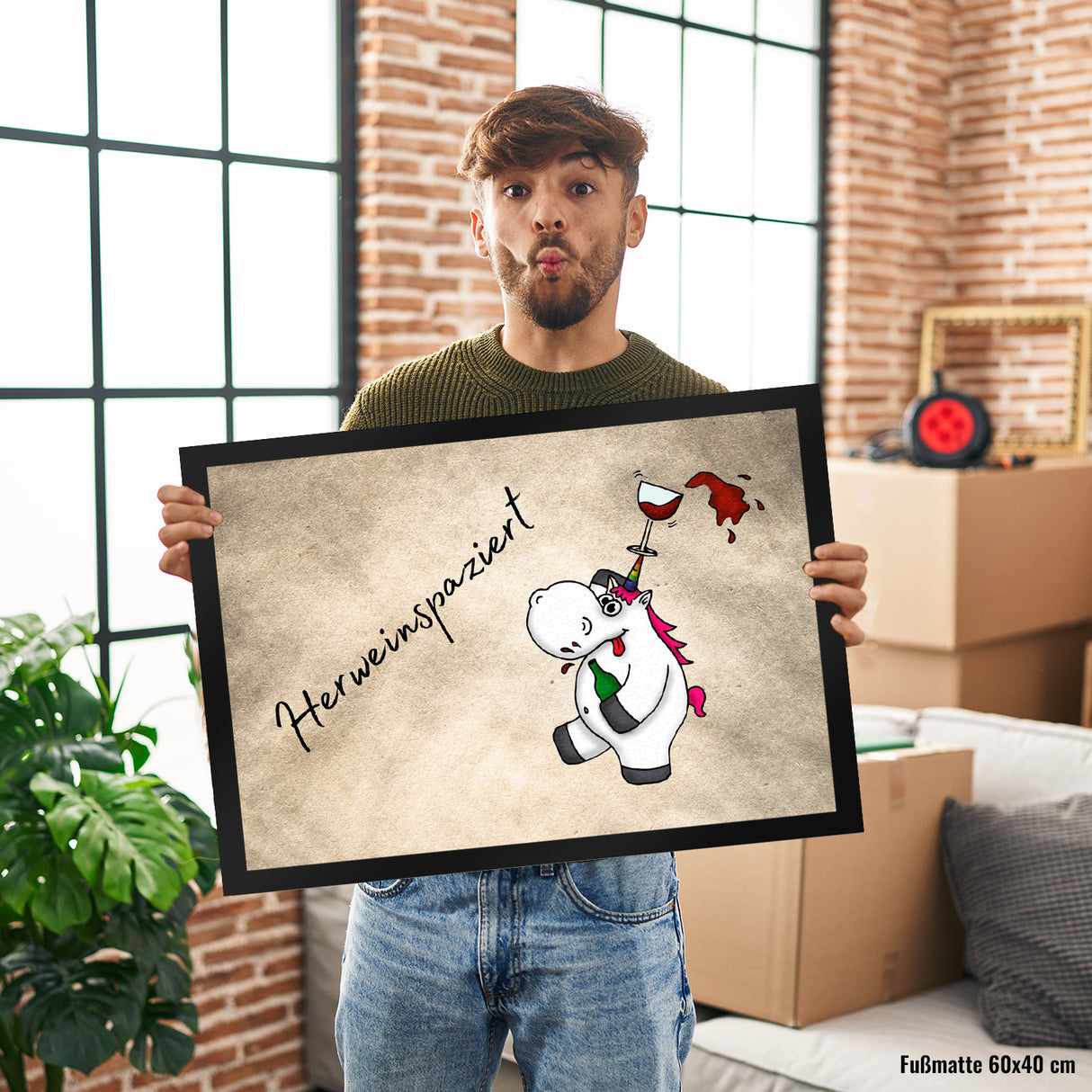 Einhorn Wein Fußmatte in 35x50 cm mit Spruch Herweinspaziert