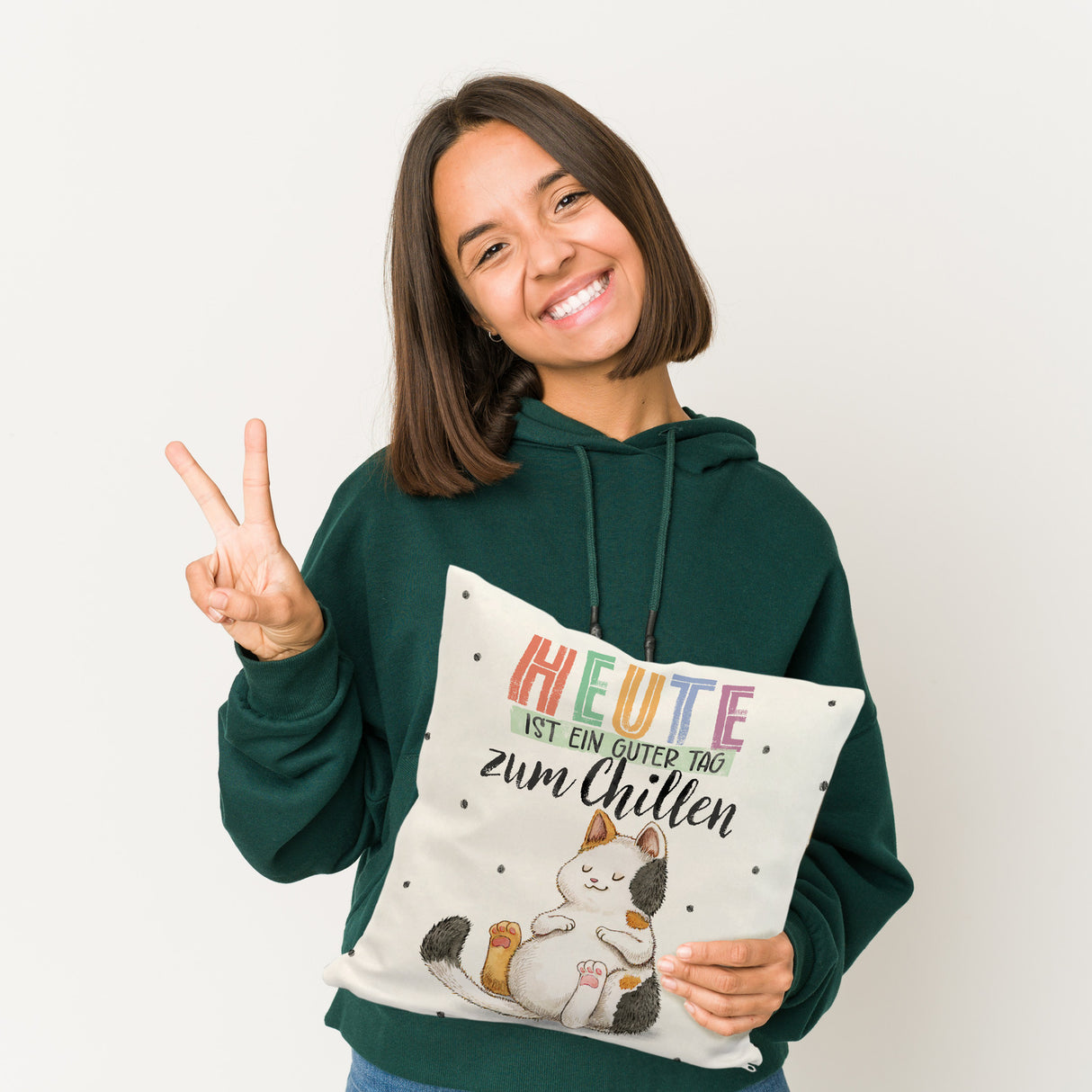 Glückskatze Kissen mit Spruch Heute ist ein guter Tag zum Chillen