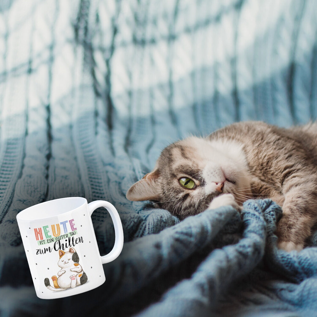 Glückskatze Kaffeebecher mit Spruch Heute ist ein guter Tag zum Chillen