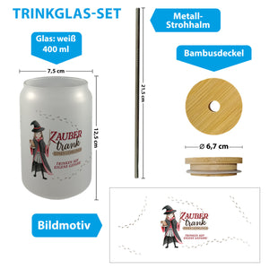 Zaubertrank Trinkglas mit Bambusdeckel mit Zauberschülerin in rot