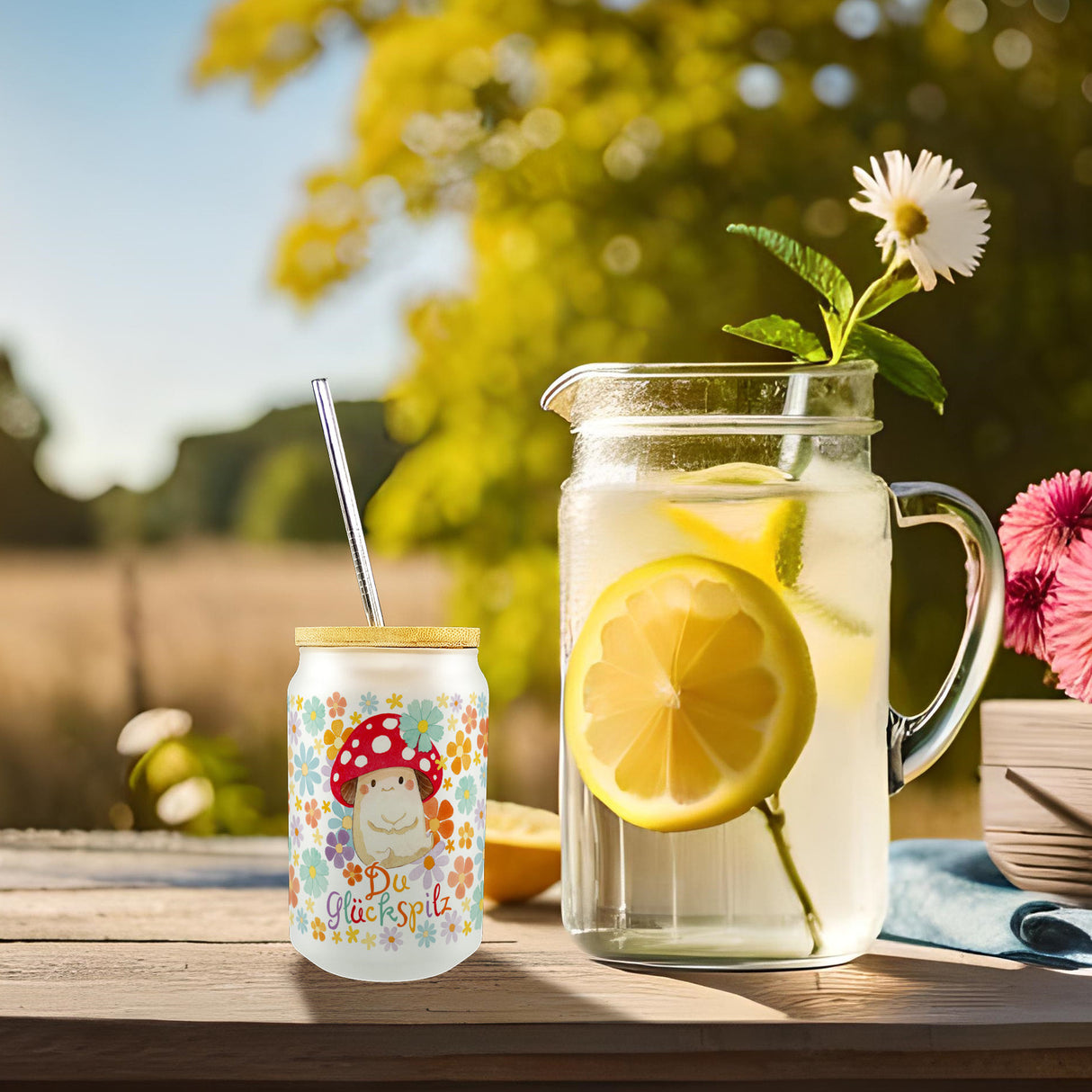 Du Glückspilz Trinkglas mit Bambusdeckel mit niedlichem Fliegenpilz