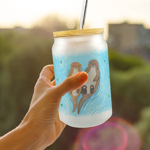 Otter Paar Trinkglas mit Bambusdeckel im Aquarell-Stil