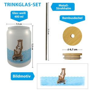 Otter mit Kaffeetasse Trinkglas mit Bambusdeckel im Aquarell-Stil