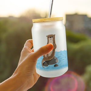 Otter mit Kaffeetasse Trinkglas mit Bambusdeckel im Aquarell-Stil