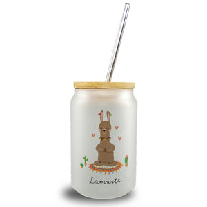 Lama Trinkglas mit Bambusdeckel mit Spruch Lamaste