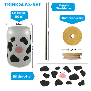 Kuh Trinkglas mit Bambusdeckel in schwarz
