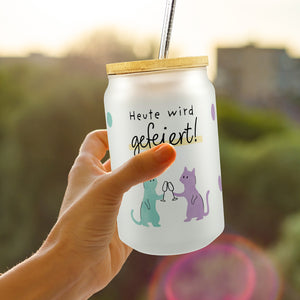 Party Katzen Trinkglas mit Bambusdeckel mit Spruch Heute wird gefeiert